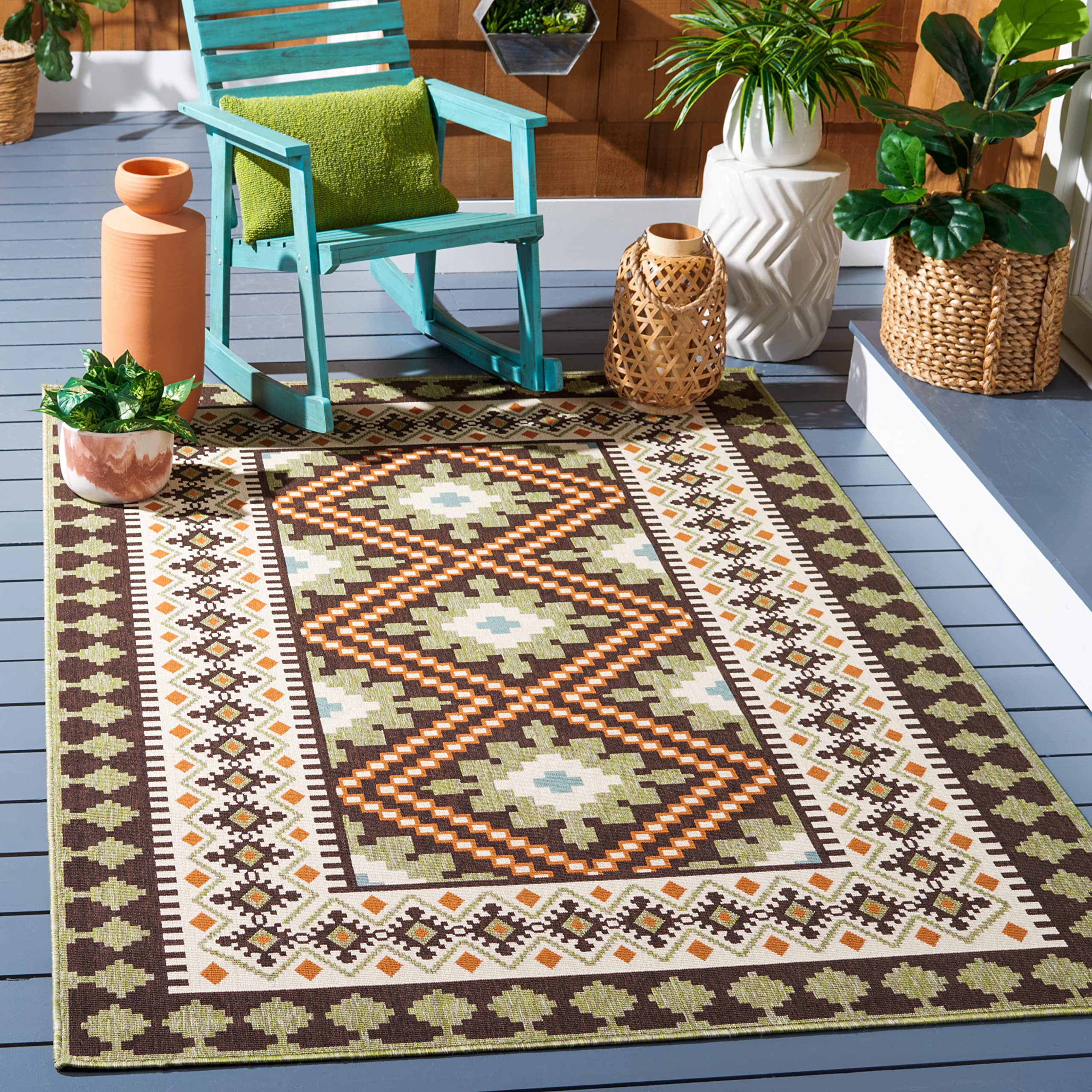 Safavieh Veranda Collection Area Rug - 6'7' Square, Brown & Terracotta, Boho Design, Non-Shedding & Easy Care, Indoor/Outdoor & Washable-Ideal For Patio, Backyard, Mudroom (Ver099-0725)